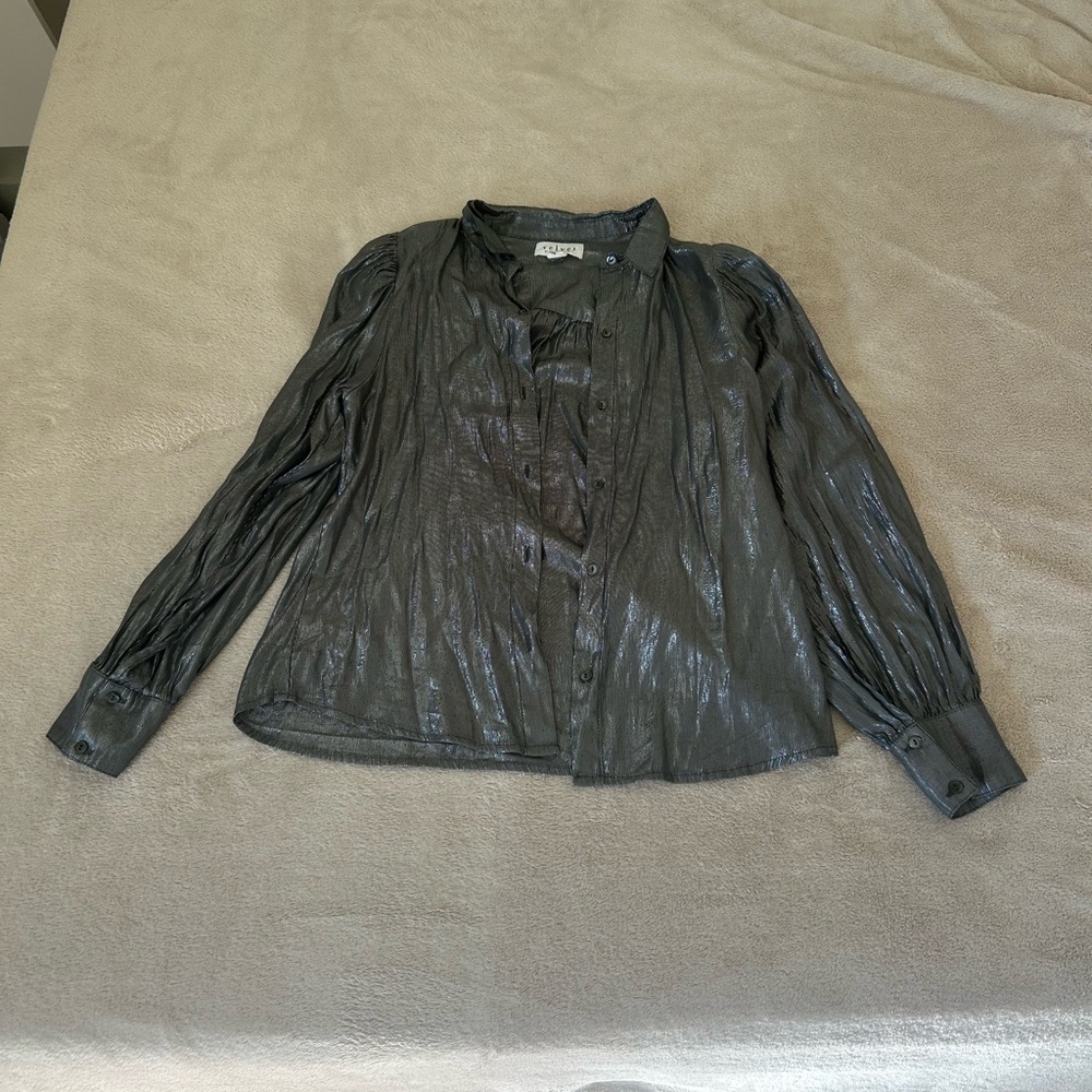 Shiny Black Button-Up Blouse